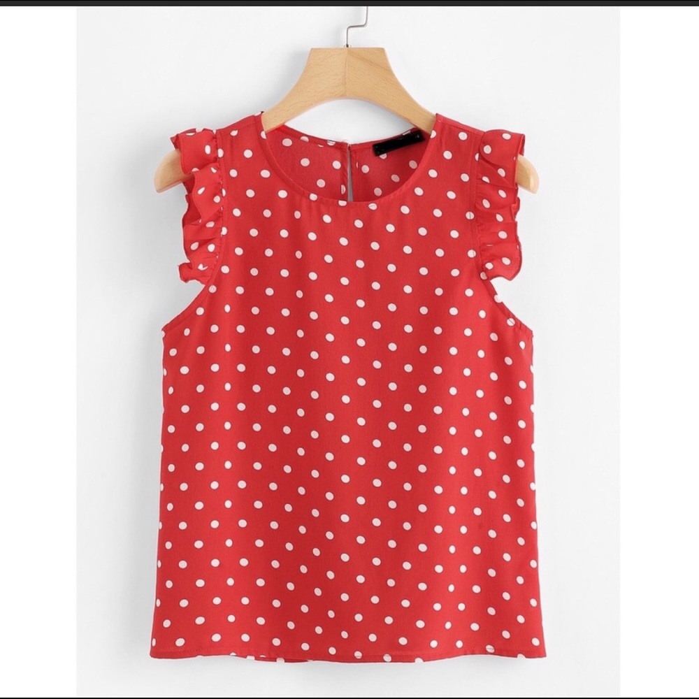 Red polkadot short sleeve shell blouse with ruffle